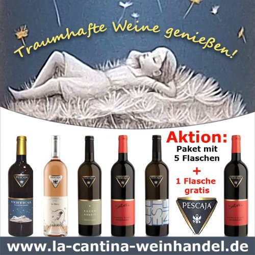 Fünf traumhafte Weine von Pescaja plus 1 Flasche Wein gratis - alles 0,75 Liter Flaschen. Ein Angebt von La Cantina Weinhandel GmbH