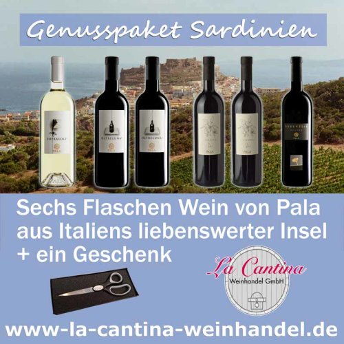 Wir schnüren ein Paket mit 6 Flascen Wein von Pala aus Sardinien und packen eine Allzweckschere als Geschenk gratis dazu.