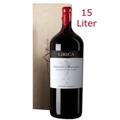 Primitivo di Manduria Lirica Rotwein von Produttori di Manduria aus Apulien in der 15 Liter Flasche mit Holzkiste