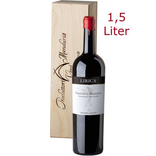 Primitivo di Manduria Lirica Rotwein von Produttori di Manduria aus Apulien in der 1,5 Liter Flasche mit Holzkiste